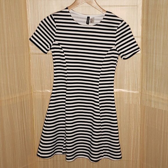 Divided Womens Navy Blue White Nautical Striped Fit Flare Dress 8 - Picture 1 of 5